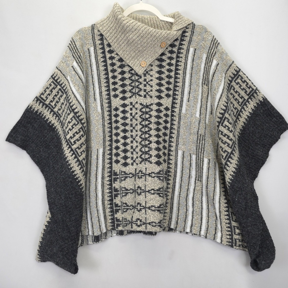 Yaira Taupe‎ Brown Knit Poncho OS Cowl Neck Button Cape Boho Fair Isle Knit Cape